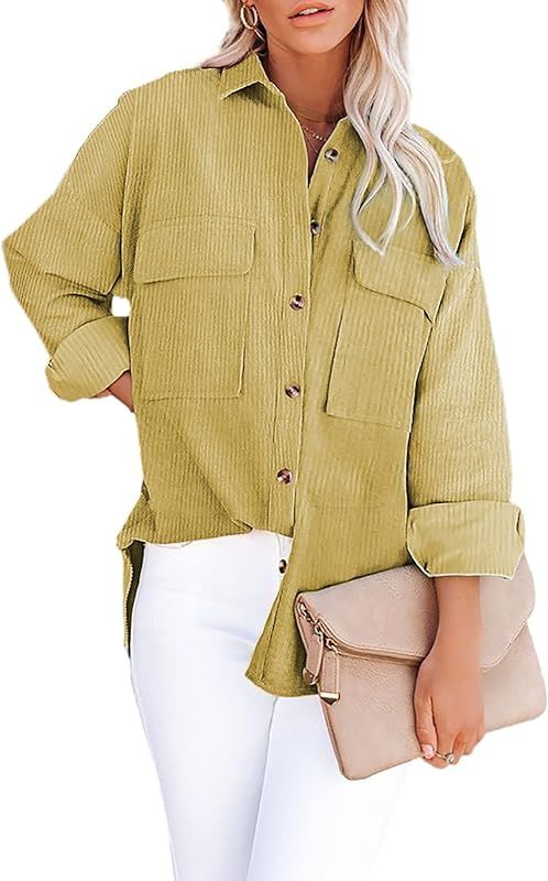 SHEWIN Womens Corduroy Long Sleeve Button Down Shirts Shacket Jacket Tops | Amazon (US)