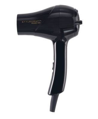 StyleCraft Professional Peewee 1200 Folding Handle Dual Voltage Compact Travel Hair Dryer with Nozzle, Diffuser, and Travel Bag - Black | Macy's