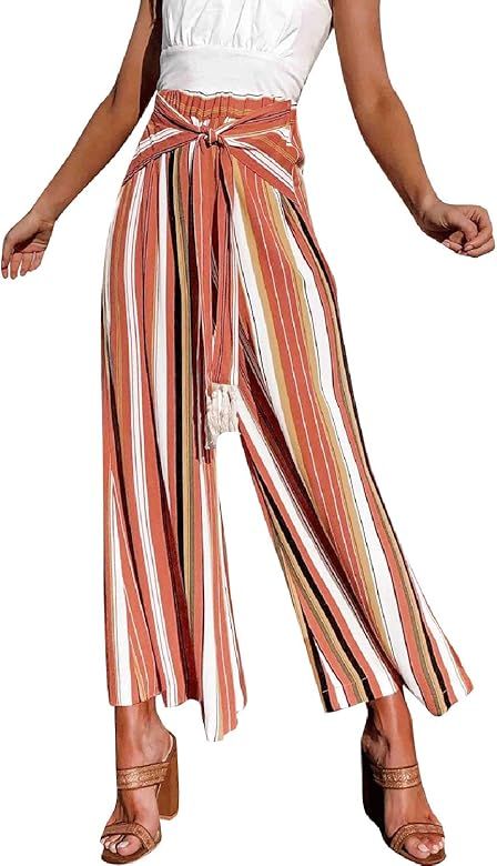 Women's Summer Boho Tie Waist Pants Loose Wide Leg Beach Hippie Pants with Tassel | Amazon (US)