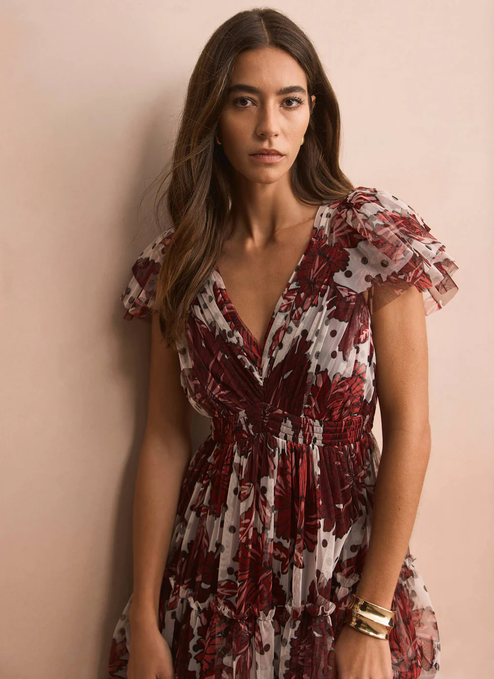 Burgundy Floral Print Tulle Maxi Dress | Mint Velvet
