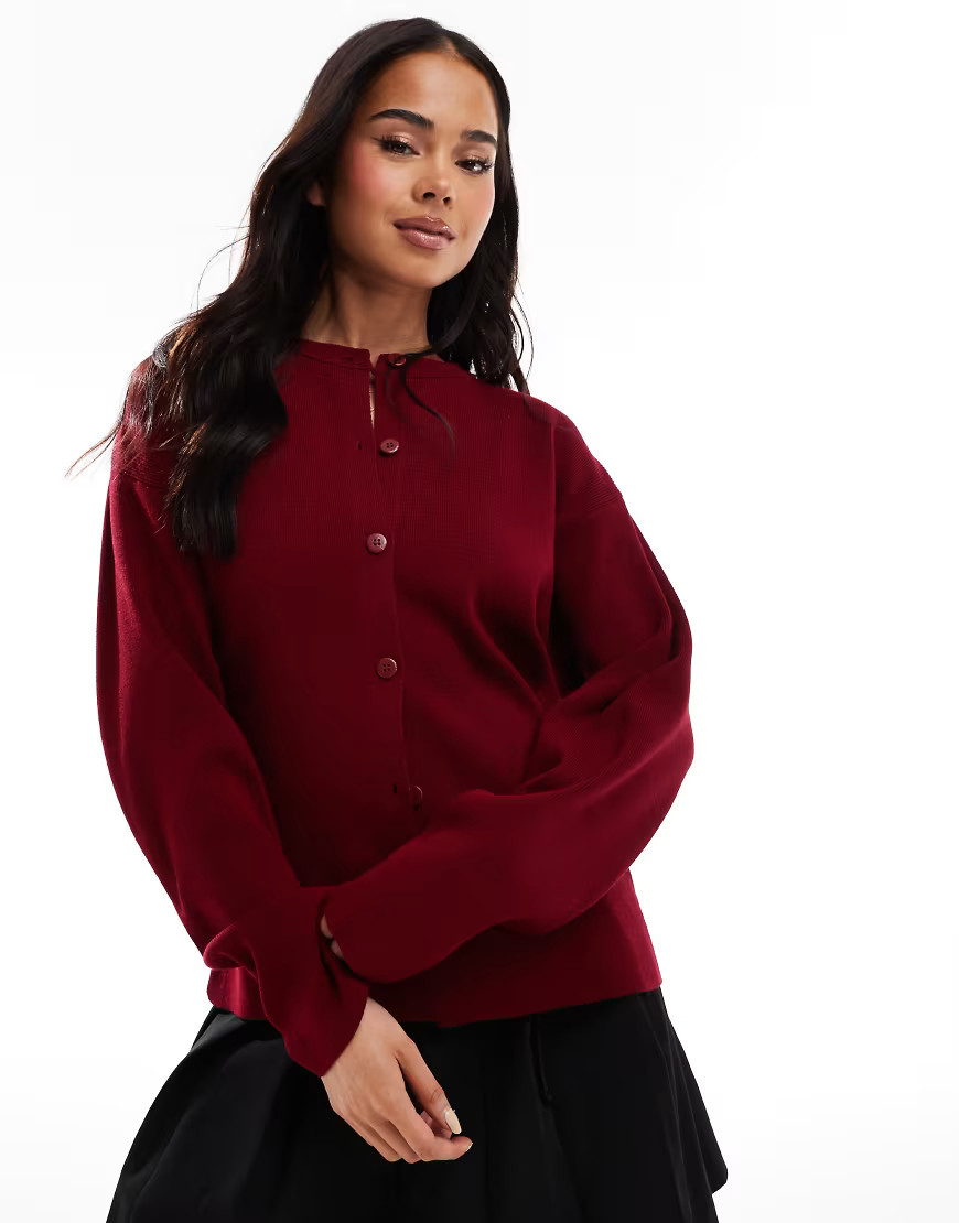 ASOS DESIGN knitted structured crew neck cardigan in burgundy | ASOS (Global)