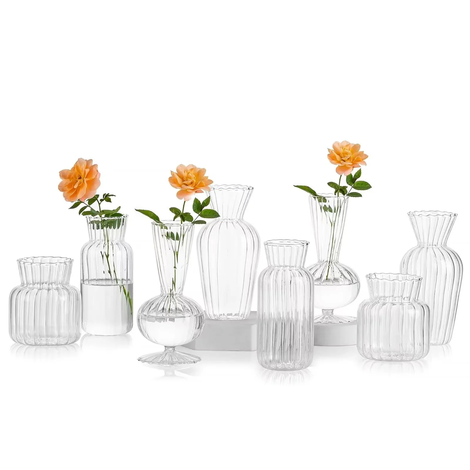 Glasseam Small Bud Vase in Bulk Clear Glass Optical Ribbed Vases for Table Centerpiece Set of 8 -... | Walmart (US)