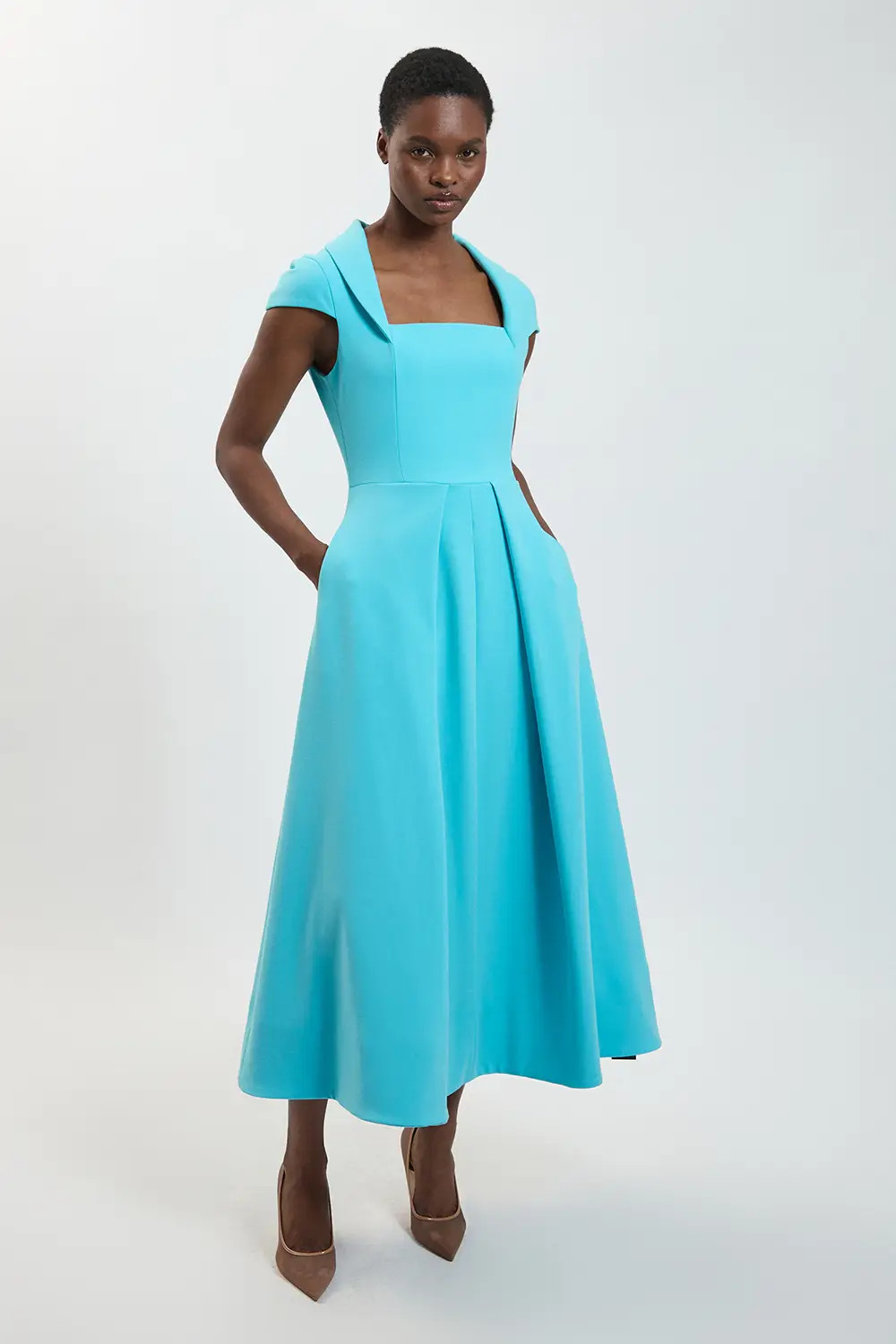 Turquoise Square Neck Tailored Full Skirted Maxi Dress | Karen Millen | Karen Millen
