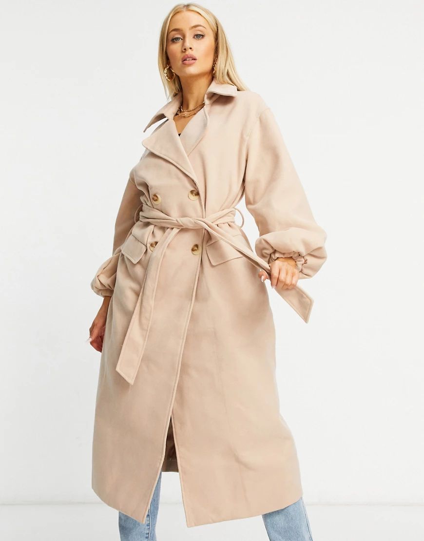 Missguided formal longline coat with balloon sleeves in tan | ASOS (Global)