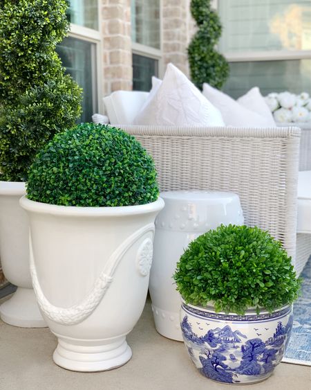 Outdoor planters, patio decor, faux boxwood balls, faux topiary, outdoor rug, blue and white decor Amazon Target Walmart outdoor furniture set affordable patio set urn planters 

#LTKsalealert #LTKhome