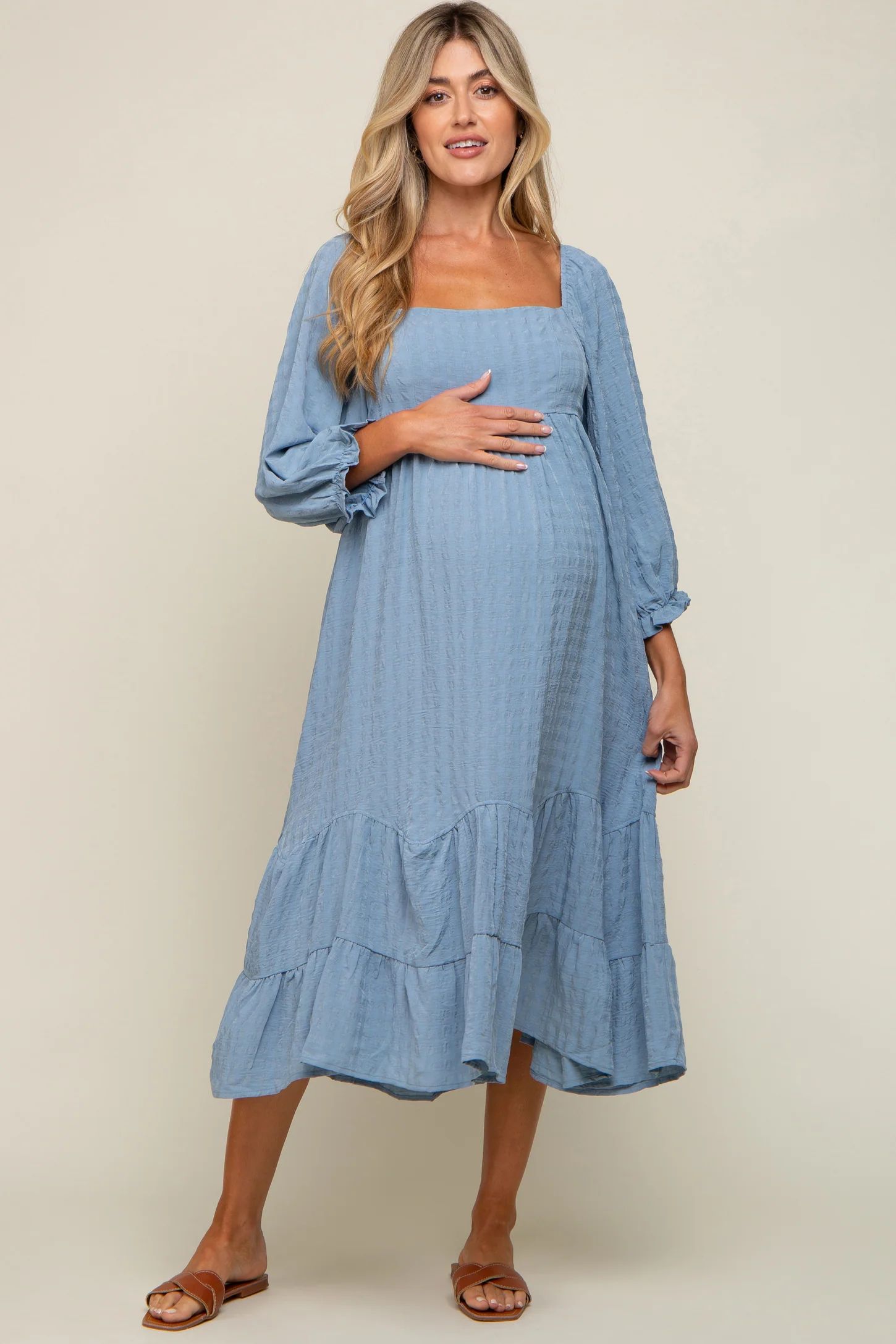 Blue Striped 3/4 Cinched Sleeve Tiered Maternity Midi Dress | PinkBlush Maternity