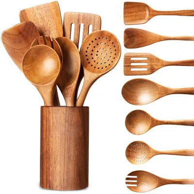 Wooden Spoons For Cooking - 8-Piece Wooden Kitchen Utensil Set Made Of Natural Solid Wood Material - Includes Spoons, Spatulas, Ladles, Strainer Spoon | Wayfair Professional