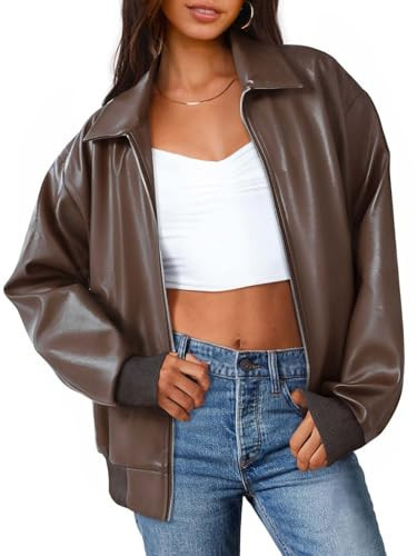 MEROKEETY Women's Oversized Faux Leather Jacket Fall Winter Zip Up Motorcycle Coats Fashion Outfits Clothes 2025, Coffee, Large | Amazon (US)