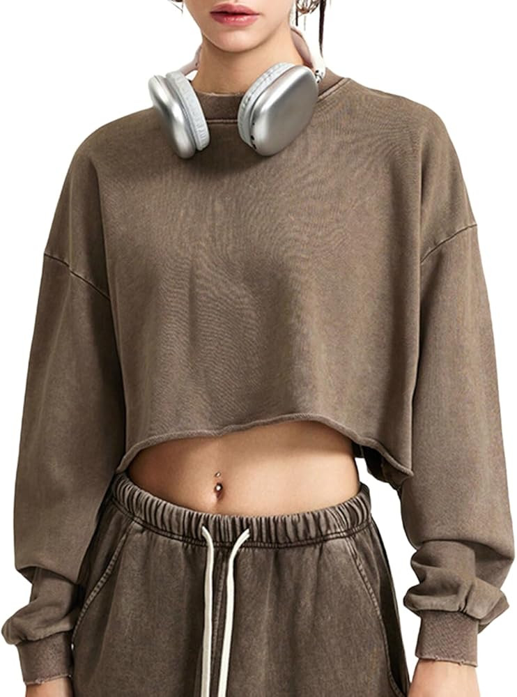 KEEPSHOWING Women's Acid Wash Casual Long Sleeve Crop Sweatshirt Crewneck Vintage Drop Shoulder P... | Amazon (US)