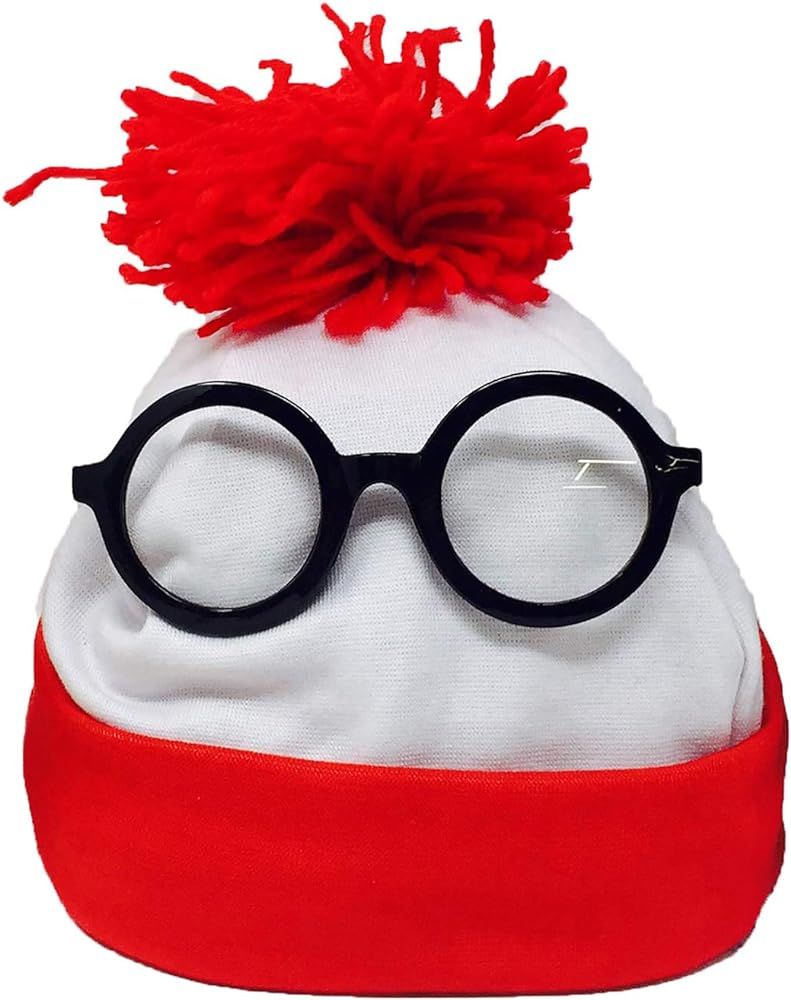 Toy Goodkids Winter Beanie Hat - Red White Waldo Hat and Glasses Costume for Men and Women | Amazon (US)