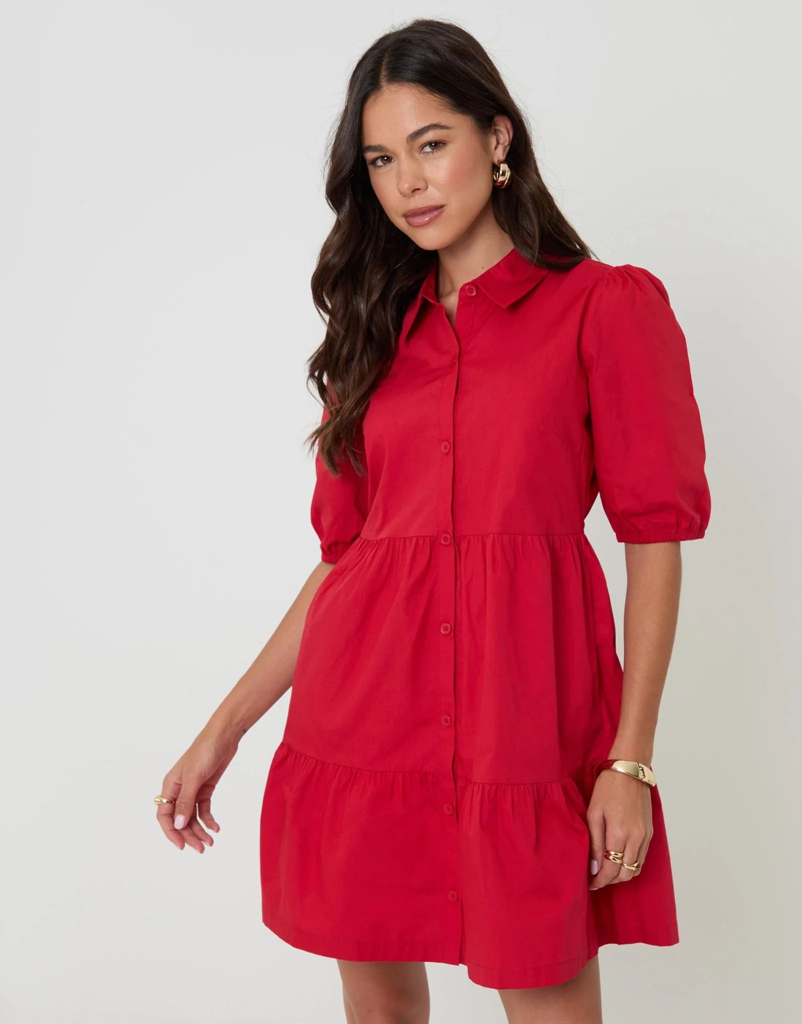 Pure Cotton Tiered Button Up Mini Dress in Red | Threadbare UK