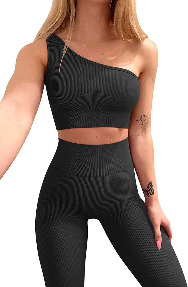OQQ Workout Outfits for Women 2 Piece Ribbed Yoga High Waist Leggings With One Shoulder Sports Br... | Amazon (US)