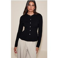 Black Compact Knit Peplum Cardigan Sweater | PrettyLittleThing US