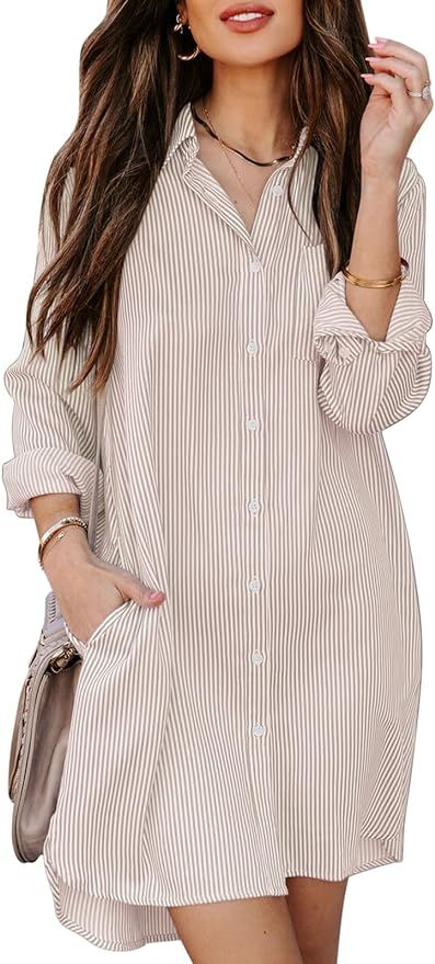 Womens Button Down Shirt Dresses with Pockets Cotton Striped Shirts Collared Tunics Long Sleeve H... | Amazon (US)