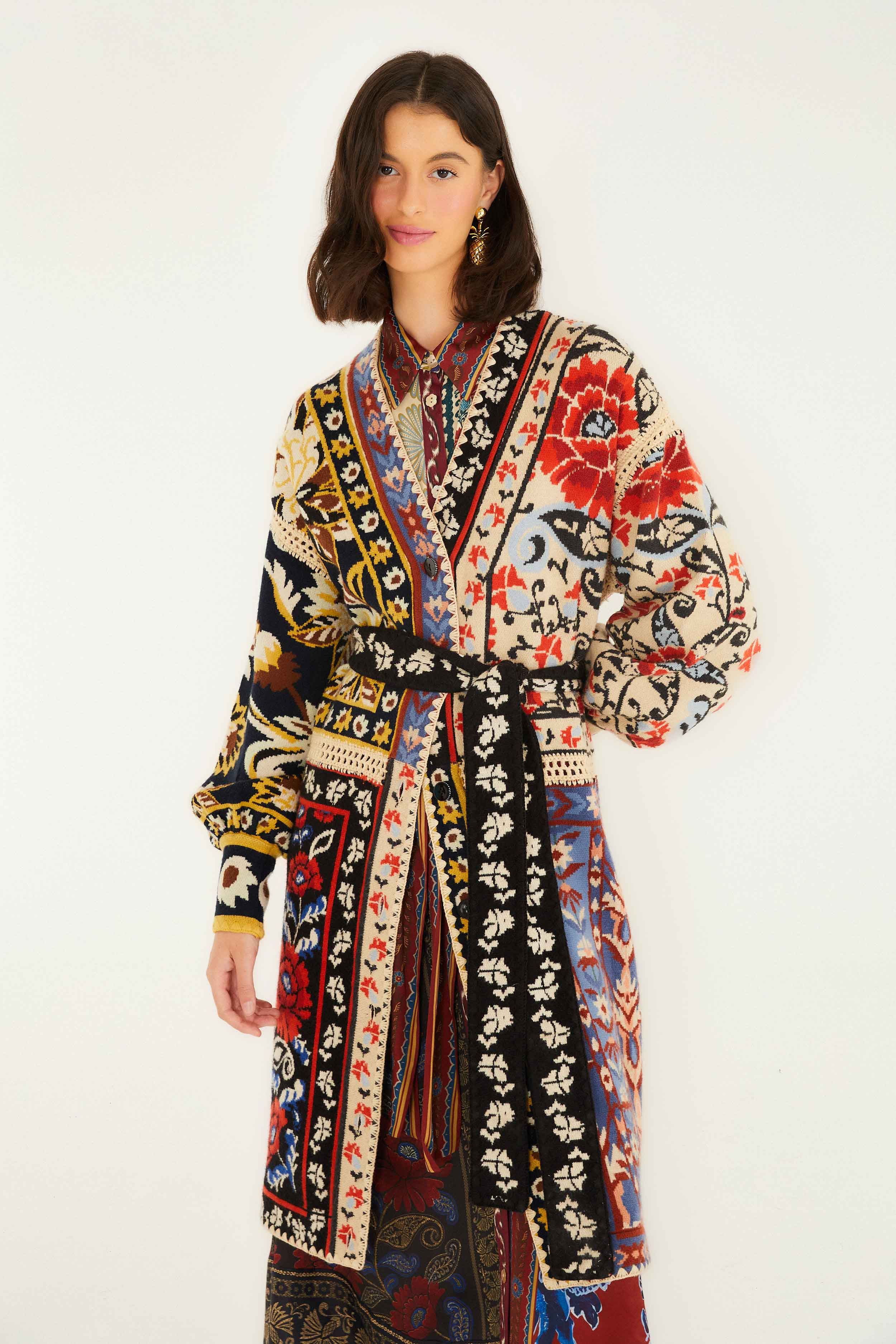 Mixed Flower Print Patchwork Knit Midi Cardigan | FARM Rio | FarmRio (US)
