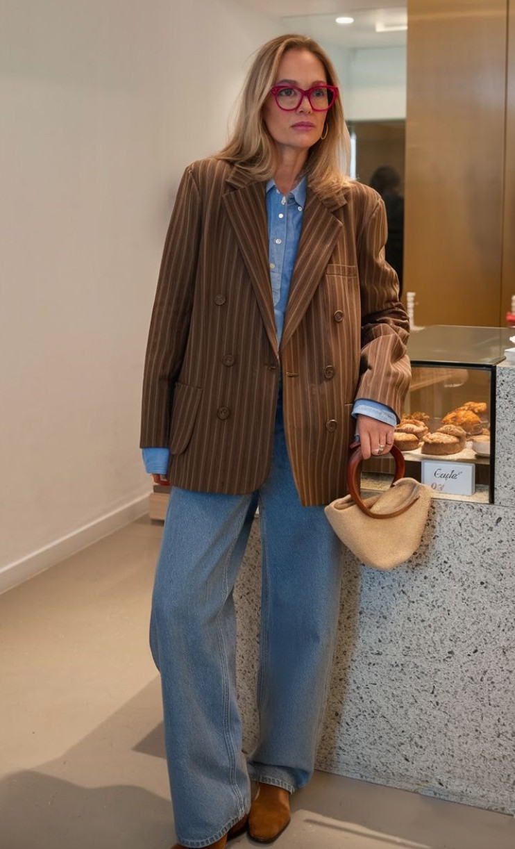 This tailored pinstripe blazer layered over a chambray shirt and relaxed denim creates a polished yet effortless everyday outfit.
The structured blazer, wide-leg jeans, and statement glasses give the look a modern, sophisticated edge while still feeling comfortable and wearable. 

 #LTKdayinmylife #LTKootd