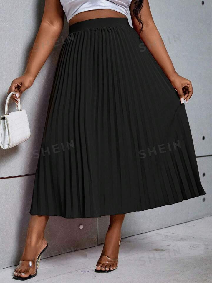 SHEIN Privé Plus Size Basic Solid Color Pleated Skirt, Suitable For Spring And Summer | SHEIN US... | SHEIN