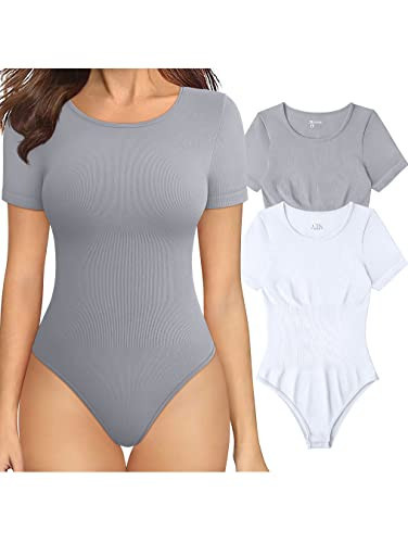 OQQ Women's 2 Piece Bodysuits Sexy Ribbed One Piece Short Sleeve Tops Bodysuits Grey White | Amazon (US)