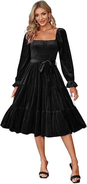 Amegoya Women's Boho Flowy Long Sleeve Square Neck Floral Midi Dress Smocked Spring Fall Wedding ... | Amazon (US)