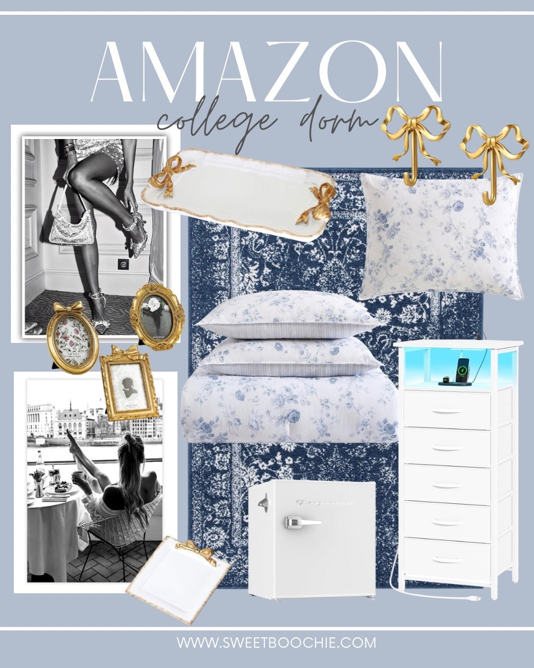 Love Shack Fancy inspired college dorm from Amazon. Affordable college dorm essentials, blue bedding, bow hooks, bow gold picture frames, bow tray, small fridge, small refrigerator, tall night stand with charging station, blue rug, girls bedroom, dorm room, black and white trendy girl art 

#LTKHome #LTKStyleTip #LTKFindsUnder50