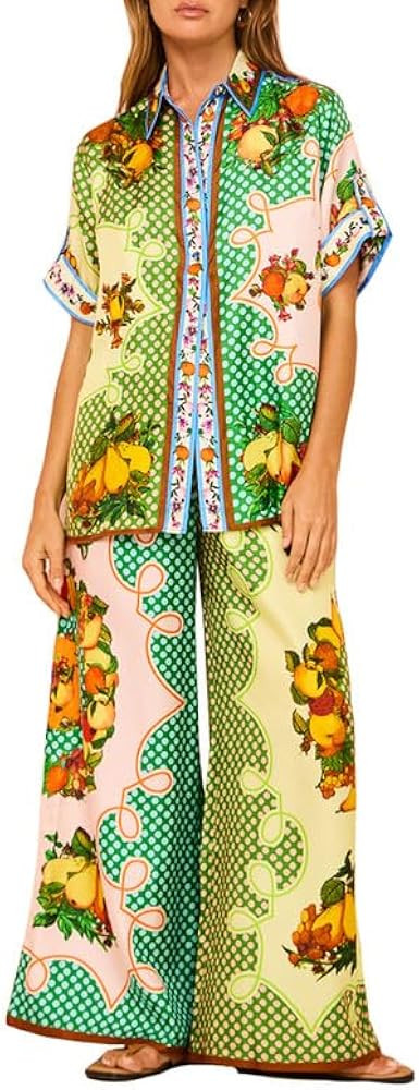 NUFIWI Vintage Graffiti 2 Pieces Pants Sets for Women Floral Fruit Print Short Sleeve Shirt Wide ... | Amazon (US)