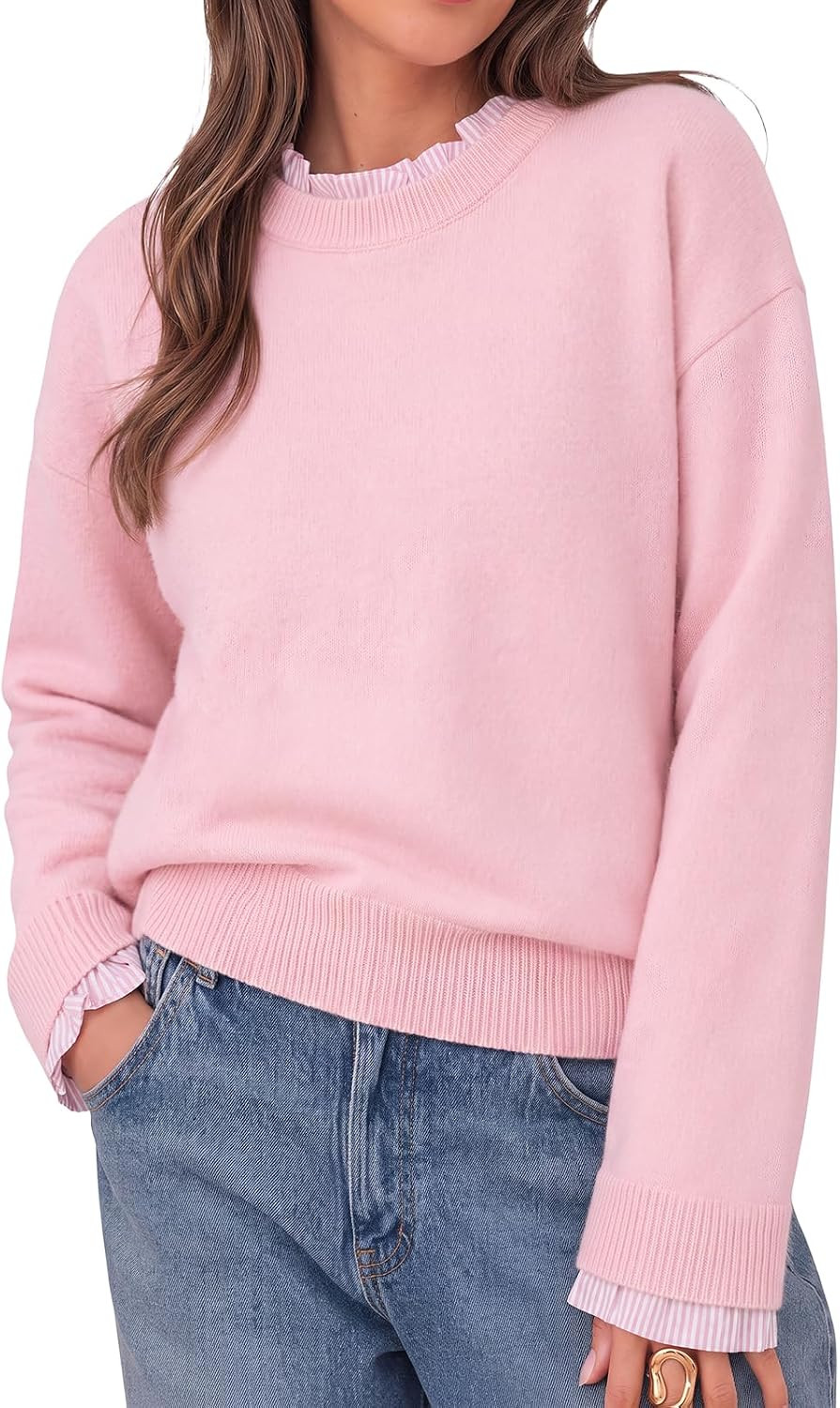 Cicy Bell Womens Long Sleeve Sweater Ruffle Crew Neck Patchwork Knit Tops | Amazon (US)