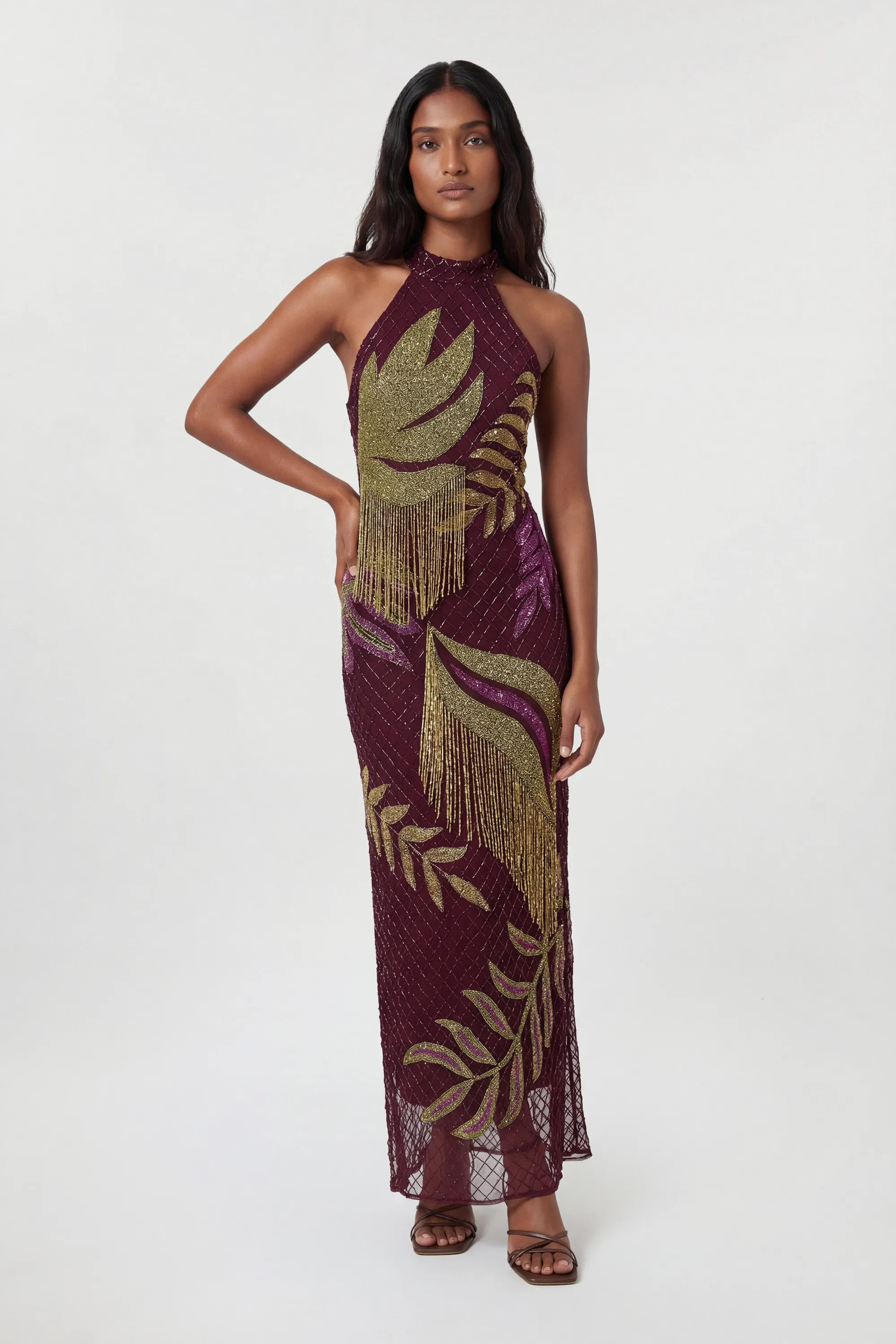 Purple Tropical Beaded Strappy Back Woven Halter Maxi Dress | Karen Millen | Karen Millen