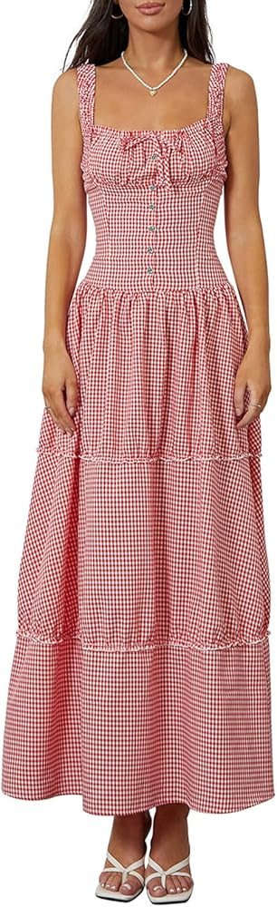 Women Y2k Gingham Dresses Sleeveless Ruched Strappy Plaid Maxi Dress Tiered Flowy Long Sundress | Amazon (US)