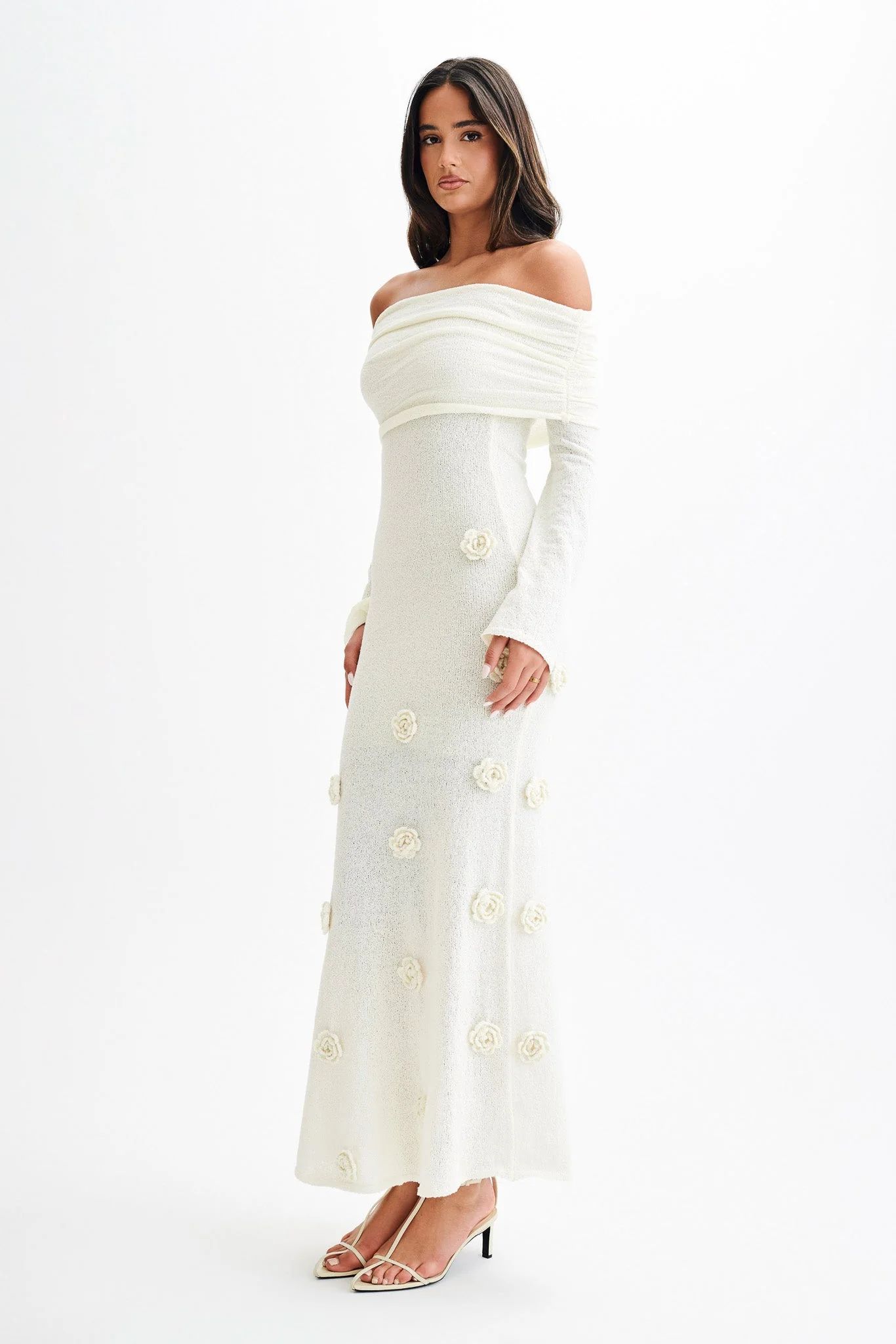 Kiki Off Shoulder Knit Rose Maxi Dress - Ivory | MESHKI US