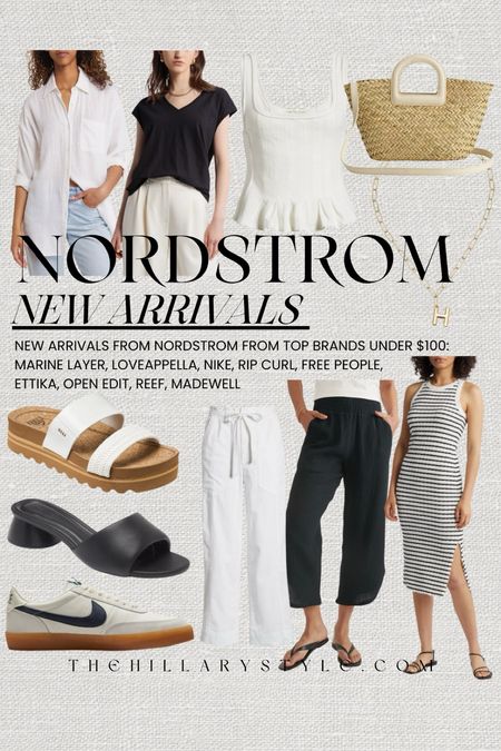 Nordstrom New Arrivals Under $100: spring and summer basics from top brands. Striped dress, linen pants, button down shirt, basic tshirt, corset top, sneakers, sandal, straw bag, initial necklace. Nike, Madewell, Free People, Marine Layer, Reef, Open Edit, Ettika, Rip Curl, Wit & Wisdom, Loveappella.

#LTKSeasonal #LTKFindsUnder100 #LTKStyleTip