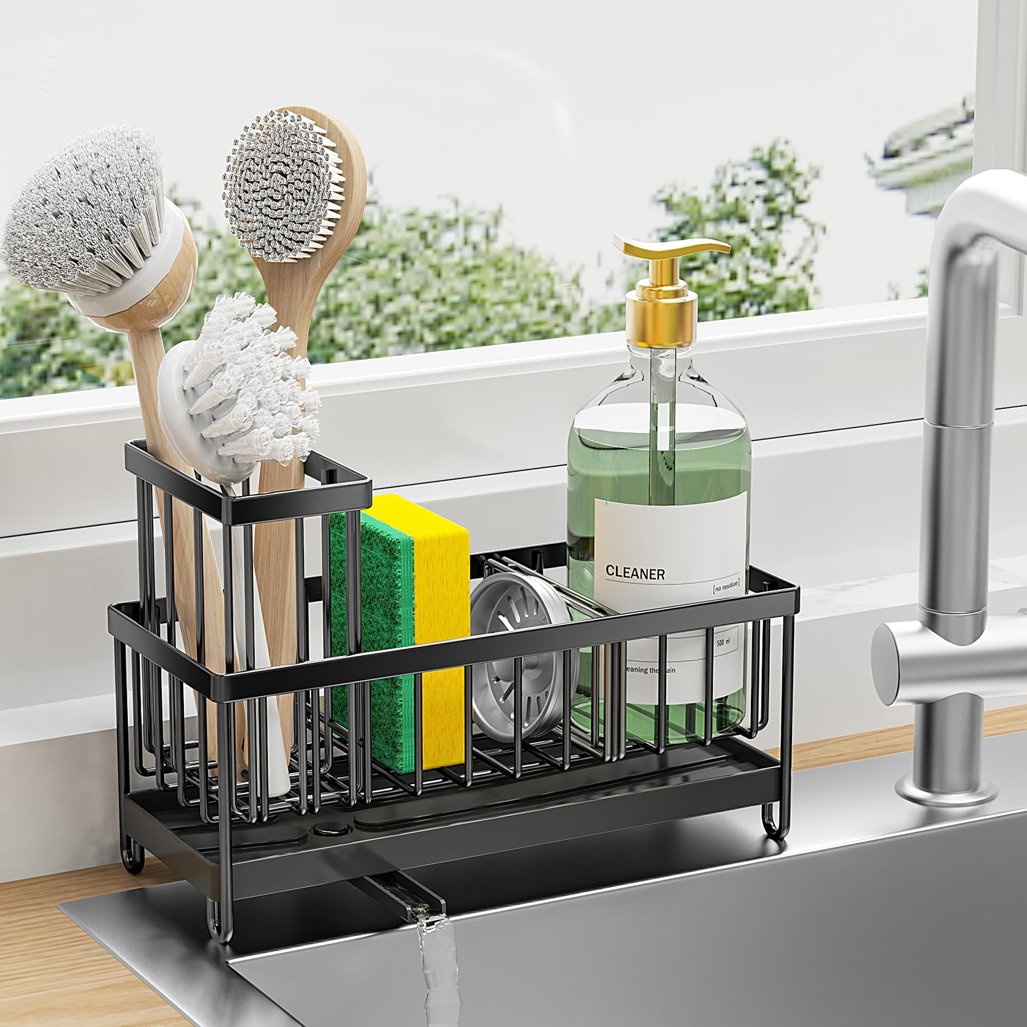 Cisily Black Sponge Holder for Kitchen Sink, Sink Caddy Organizer with High Brush Holder, Kitchen... | Amazon (US)
