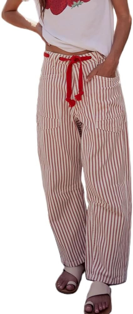 Mxiqqpltky Drawstring Barrel Jeans Women Vintage Patchwork Low Rise Baggy Denim Pants Y2K Wide Le... | Amazon (US)