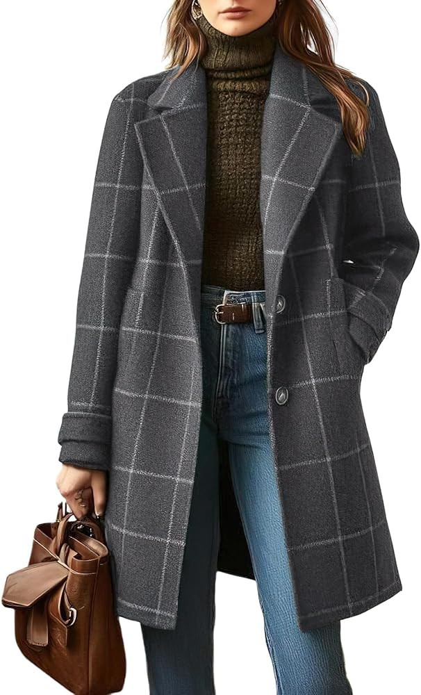 chouyatou Women's Winter Notched Collar Plaid Wool Trench Coat Button Down Mid Long Overcoat Oute... | Amazon (US)