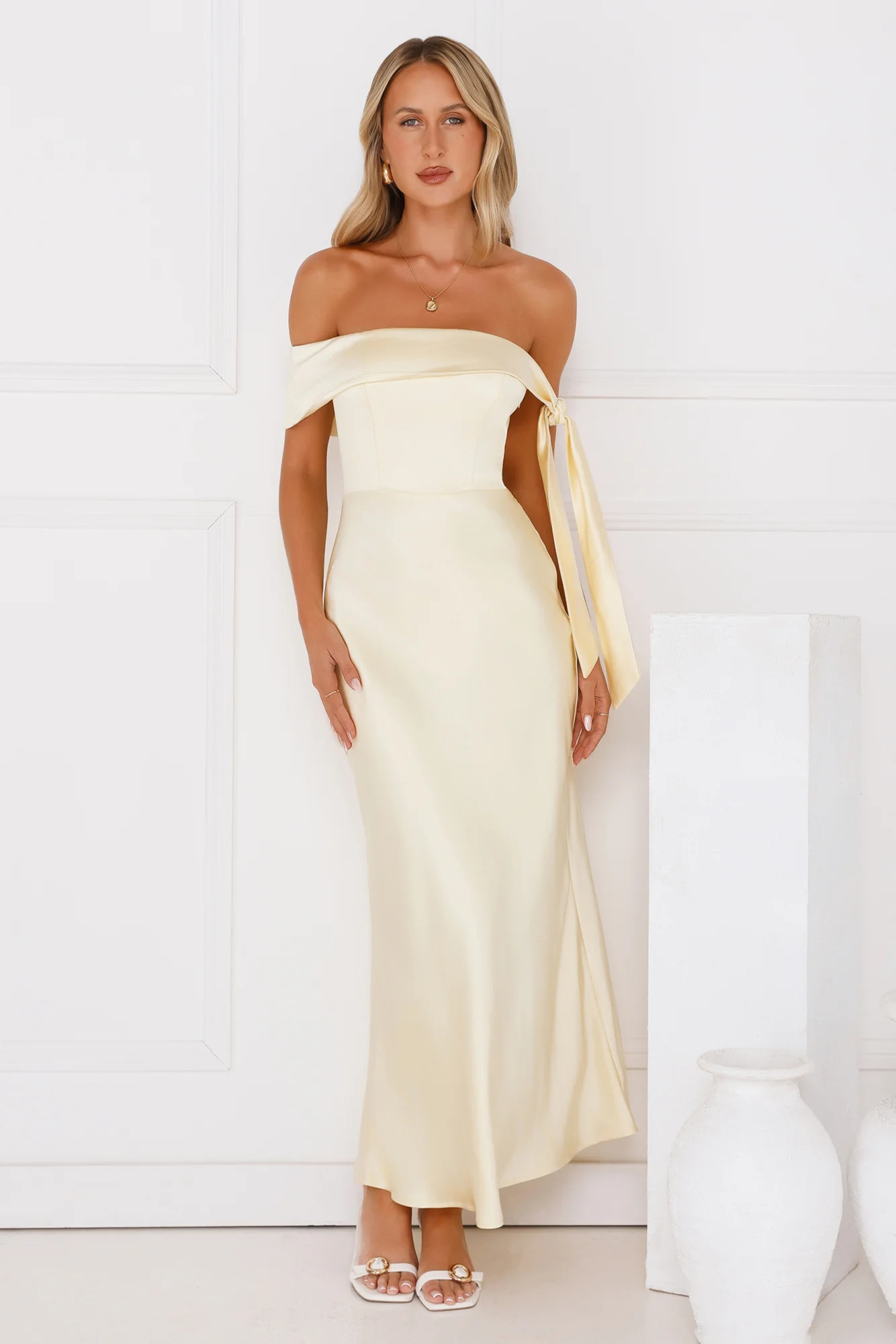 The Hype Off Shoulder Satin Midi Dress Yellow | Hello Molly (US)