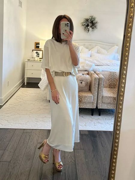 Pretty neutral top and midi skirt set (sm) jessica simpson gold heels (tts) This set is dressy but could also be turned into a more breezy spring day casual look. If paired with a cute pair of sandals. 

#LTKSeasonal #LTKfindsunder100 #LTKstyletip