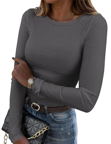 Zeagoo Womens Long Sleeve Stretch Crewneck Ribbed T-Shirt Fitted Casual Basic Tops Trendy Summer ... | Amazon (US)