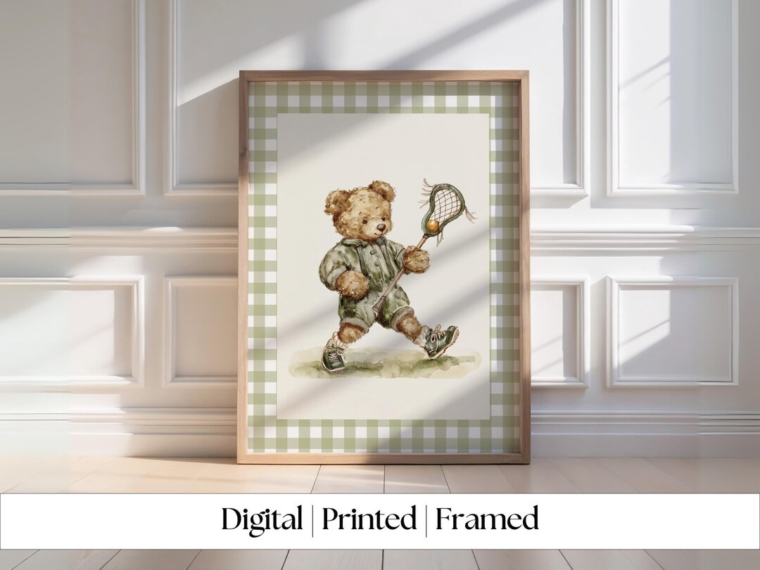 Vintage Lacrosse Teddy Bear Gingham Wall Art, Adorable Bear in Lacrosse Uniform, Decor for Kids R... | Etsy (US)