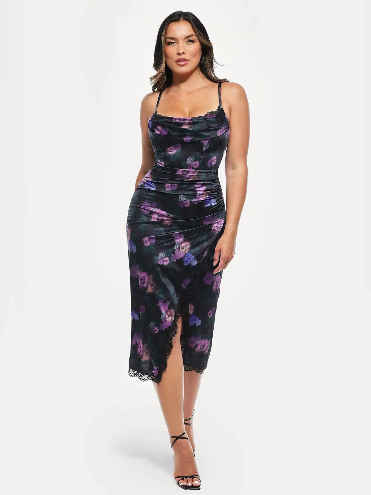 Lace Trim Sculpting Floral-Print Midi Dress - Floral Print / M | Popilush