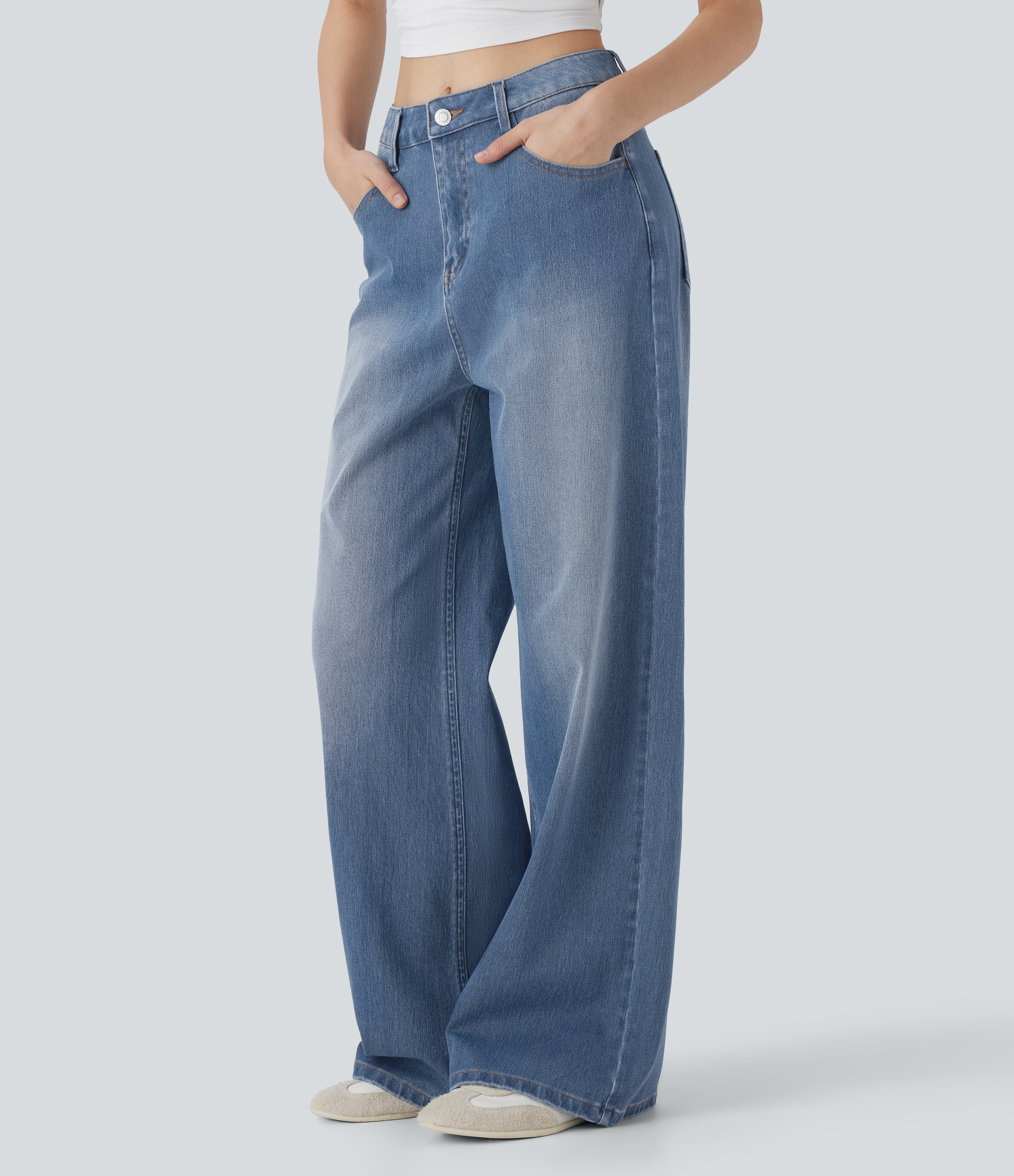 Halara Halara Flex™ Mid Rise Washed Casual Baggy Jeans with Pockets - Tide Blue Denim - L(regular) | HALARA
