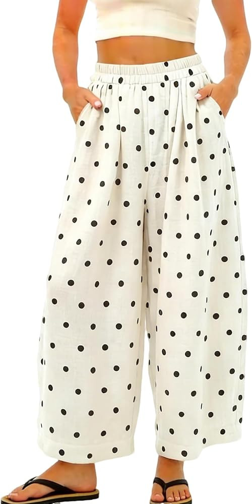 Womens Polka Dot Pants Cotton Linen Wide Leg Trousers     Barrel Pants, High Waist, Elastic Band,... | Amazon (US)