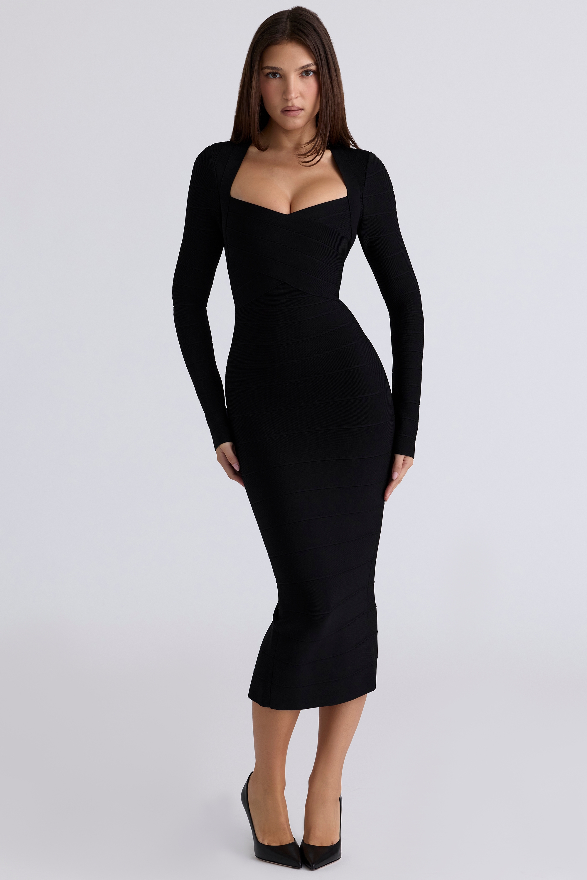black long sleeve bandage midi dress | House of CB