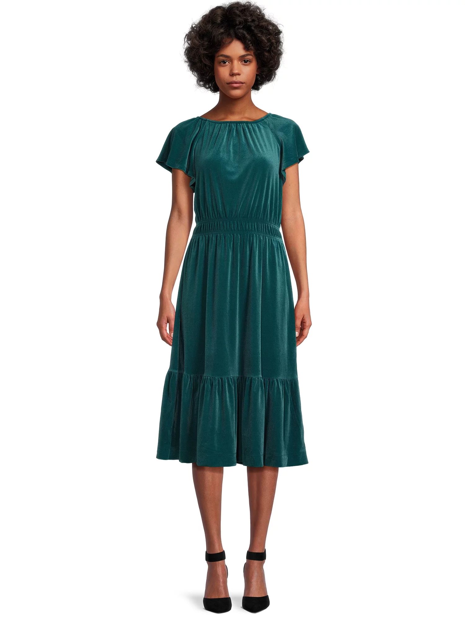 Time and Tru Women's Velvet Flutter Sleeve Dress, Sizes XS-XXXL | Walmart (US)