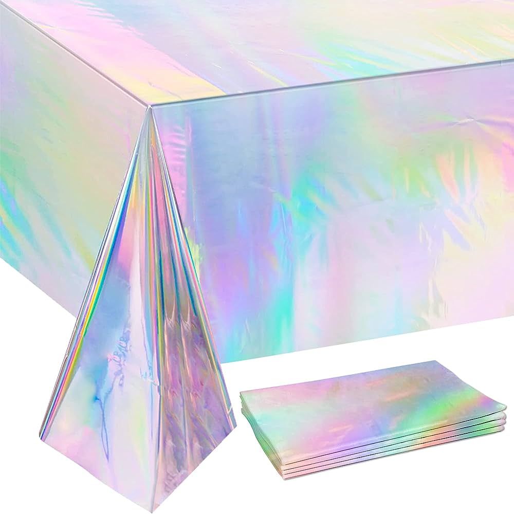4 Pack Iridescence Plastic Tablecloths Disposable Laser Tablecloth Holographic Foil Rectangle Tab... | Amazon (US)