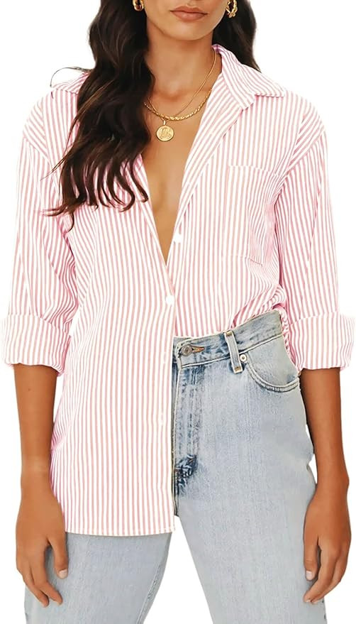 Women's Blouses Striped Long Sleeve Shirts Button Down Loose Fit Casual Tops | Amazon (US)
