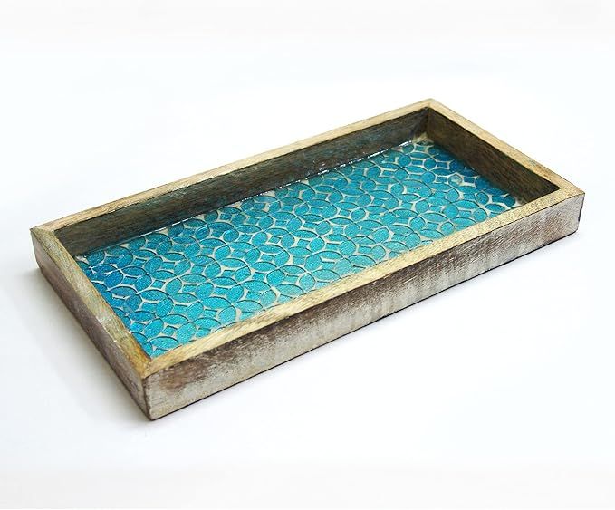 nu steel Luxury Aqua Marine Mirror Mosaic & Wood Tray for Bathrooms, Countertops, Jewelry, Perfum... | Amazon (US)