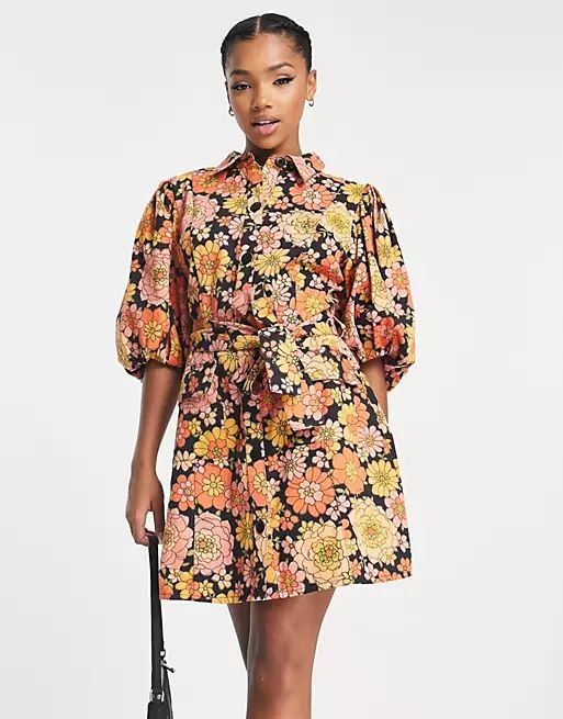 ASOS DESIGN twill puff sleeve belted mini shirt dress in retro floral | ASOS (Global)