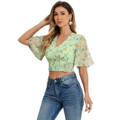 INSPIRE CHIC Women's Floral Flare Short Sleeve V Neck Summer Smocked Crop Tops X-Large Green | Target