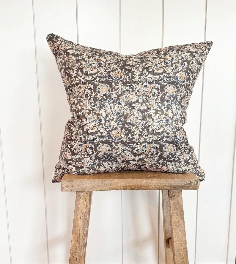 Olive Green Blue Yellow Pillow Cover Floral Print Modern Farmhouse Neutral Home Decor 20x20 22x22... | Etsy (US)