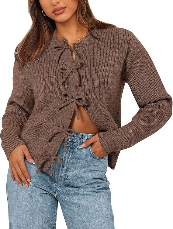BTFBM Cardigan Sweaters for Women Trendy 2025 Fall Open Front Long Sleeve Button Down Bow Knot Cr... | Amazon (US)