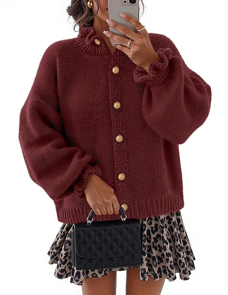 MEROKEETY Women's Fall 2025 Chunky Cardigan Sweaters Trendy Ruffle Button Down Long Sleeve Casual... | Amazon (US)